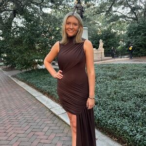 Amazon Sleeveless High-Neck Chocolate Brown Asymmetric Dress